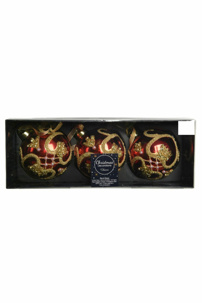 Athome Pavloudakis - Χριστουγεννιάτικη γυάλινη κόκκινη μπάλα με χρυσές γραμμες (8 cm)