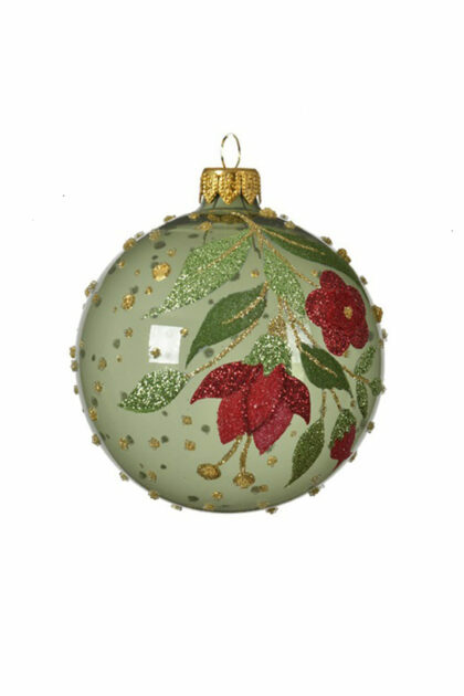 Athome Pavloudakis - Χριστουγεννιάτικη γυάλινη μπάλα πράσινη διάφανη 8 cm με λουλούδι