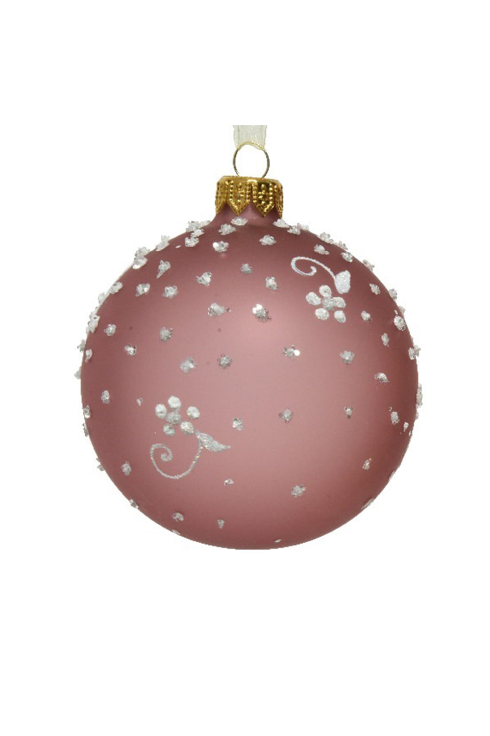 Athome Pavloudakis - Χριστουγεννιάτικη γυάλινη μπάλα σε ματ απόχρωση ροζ βελούδο με λουλούδι (8 cm)
