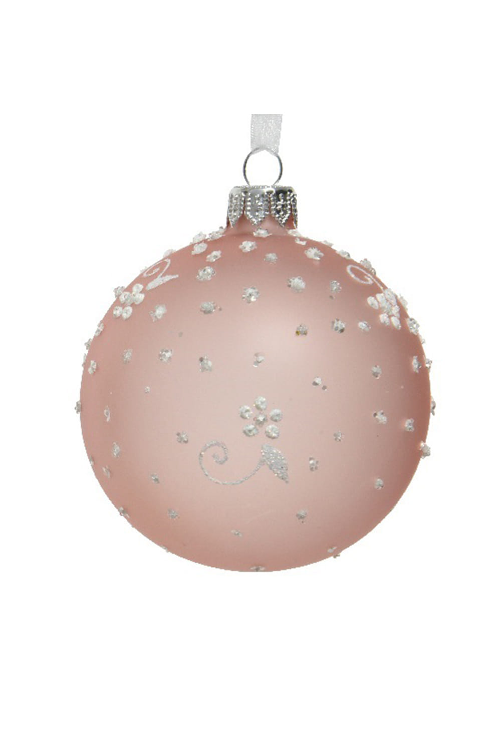 Athome Pavloudakis - Χριστουγεννιάτικη γυάλινη μπάλα σε ματ απόχρωση ανοιχτό ροζ με λουλούδι (8 cm)