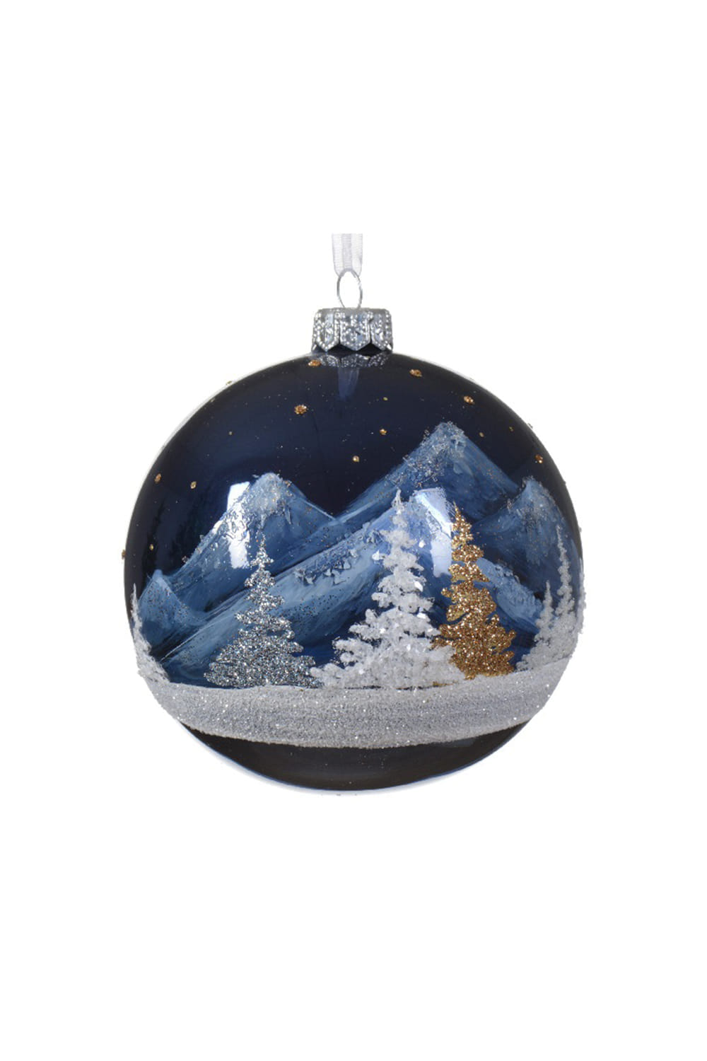 Athome Pavloudakis - Χριστουγεννιάτικη γυάλινη γυαλιστερή μπλε μπάλα με χιονισμένο τοπίο (10 cm)