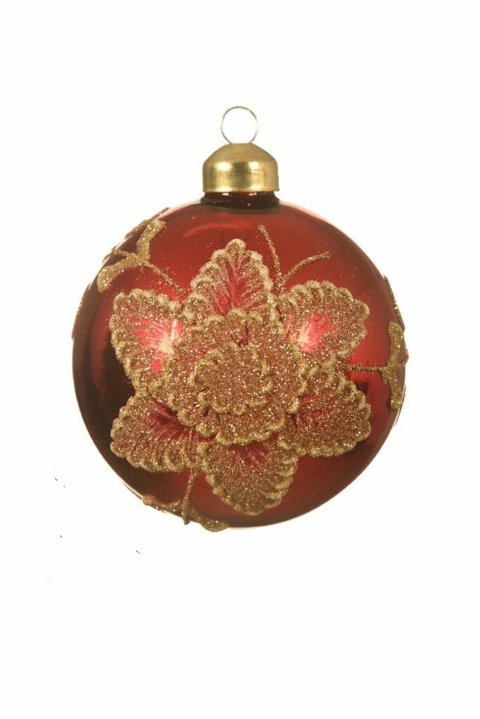 Athome Pavloudakis - Χριστουγεννιάτικη γυάλινη κόκκινη μπάλα με λουλούδι (8 cm)