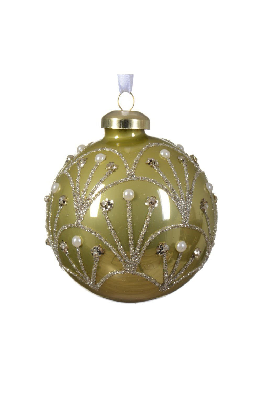 Athome Pavloudakis - Χριστουγεννιάτικη γυάλινη μπάλα σε φυστικί μεταλλικό χρώμα με σχέδια (8 cm)
