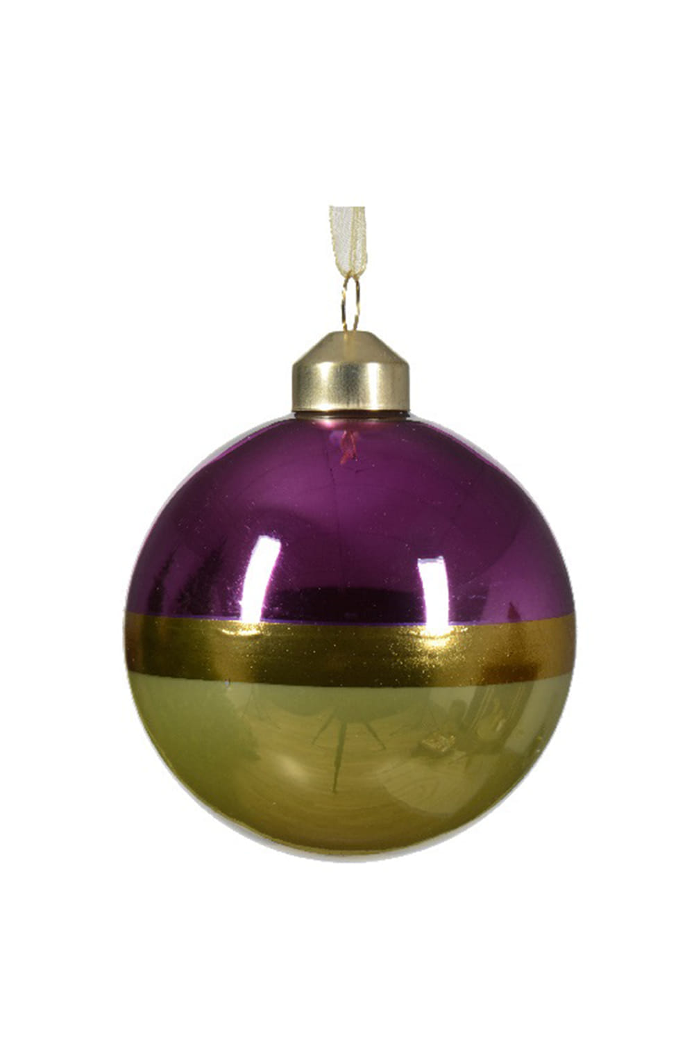 Athome Pavloudakis - Χριστουγεννιάτικη γυάλινη μωβ-πράσινη μπάλα με χρυσή γραμμή (8 cm)