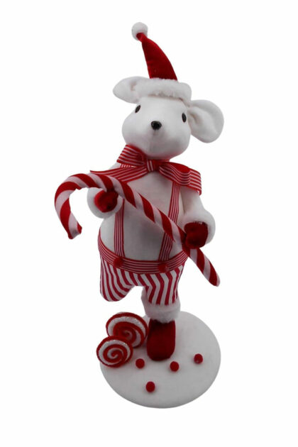 Athome Pavloudakis - Χριστουγεννιάτικη διακοσμητική φιγούρα λευκό ποντίκι με μπαστούνι 48 cm