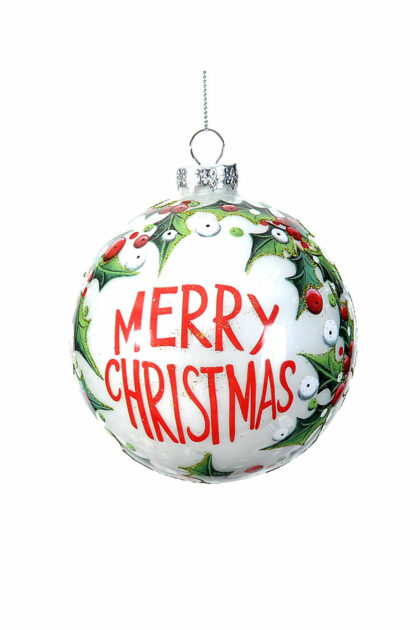 Athome Pavloudakis - Χριστουγεννιάτικη γυάλινη μπάλα λευκή Merry Cristmas" 10 cm με γκι