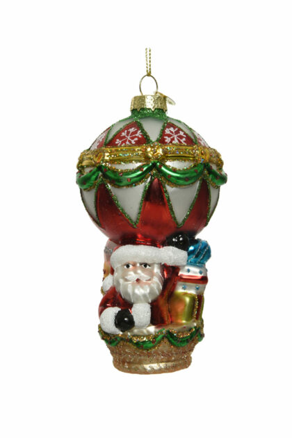 Athome Pavloudakis - Χριστουγεννιάτικο πολύχρωμο γυάλινο στολίδι αερόστατο με Αγ. Βασίλη 13 cm