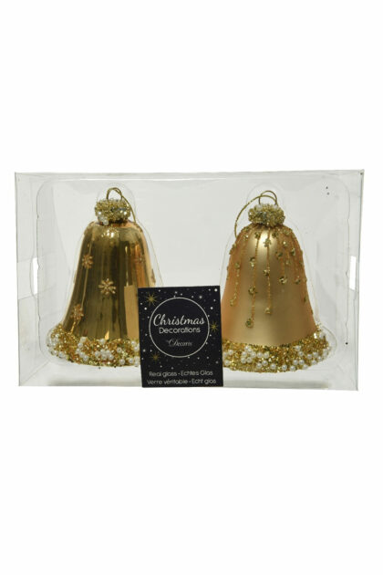 Athome Pavloudakis - Χριστουγεννιάτικο ανοικτό χρυσό γυάλινο στολίδι καμπάνα Σετ 2 τμχ 8 cm