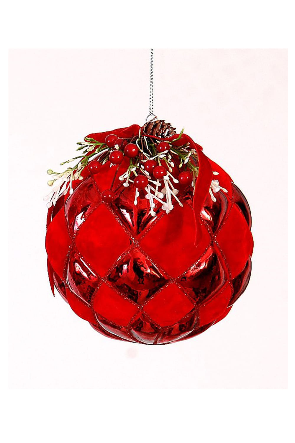 Athome Pavloudakis - Χριστουγεννιάτικη γυάλινη κόκκινη μπάλα με γιορτινή σύνθεση (καπιτονέ) (10 cm)