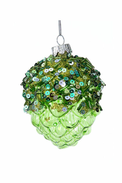 Athome Pavloudakis - Χριστουγεννιάτικο πράσινο γυάλινο στολίδι κουκουνάρι με πούλιες 10 cm