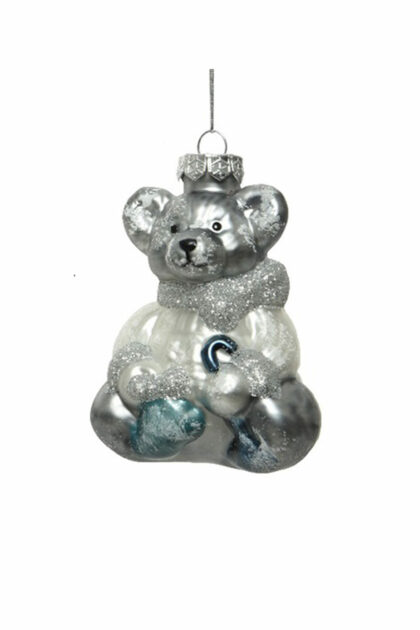 Athome Pavloudakis - Χριστουγεννιάτικο ασημί γυάλινο στολίδι αρκούδα με μπαστούνι 11 cm
