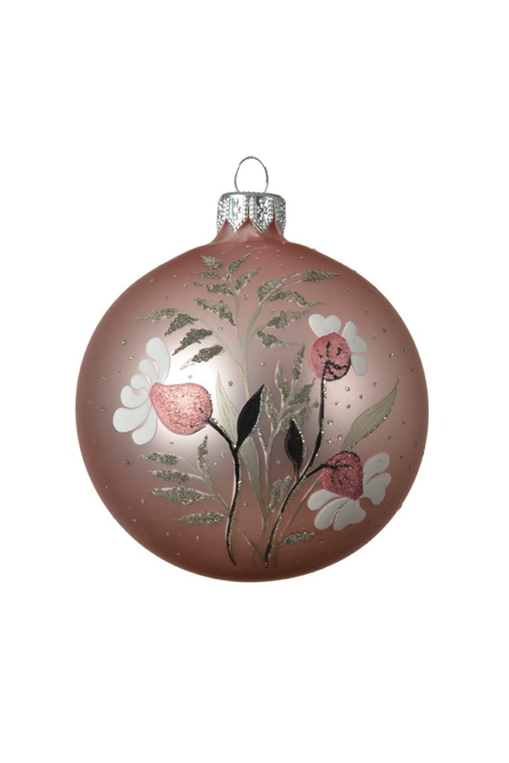 Athome Pavloudakis - Χριστουγεννιάτικη γυάλινη ροζ ματ μπάλα με λουλούδια (8 cm)