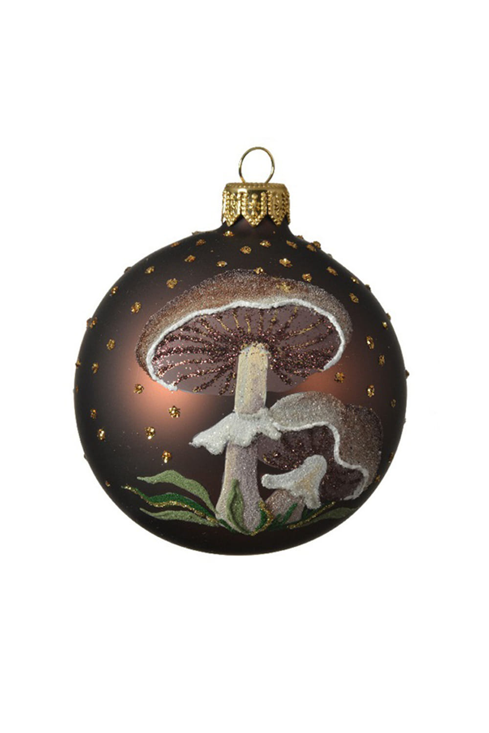 Athome Pavloudakis - Χριστουγεννιάτικη γυάλινη καφέ ματ μπάλα με σχέδιο μανητάρι (8 cm)
