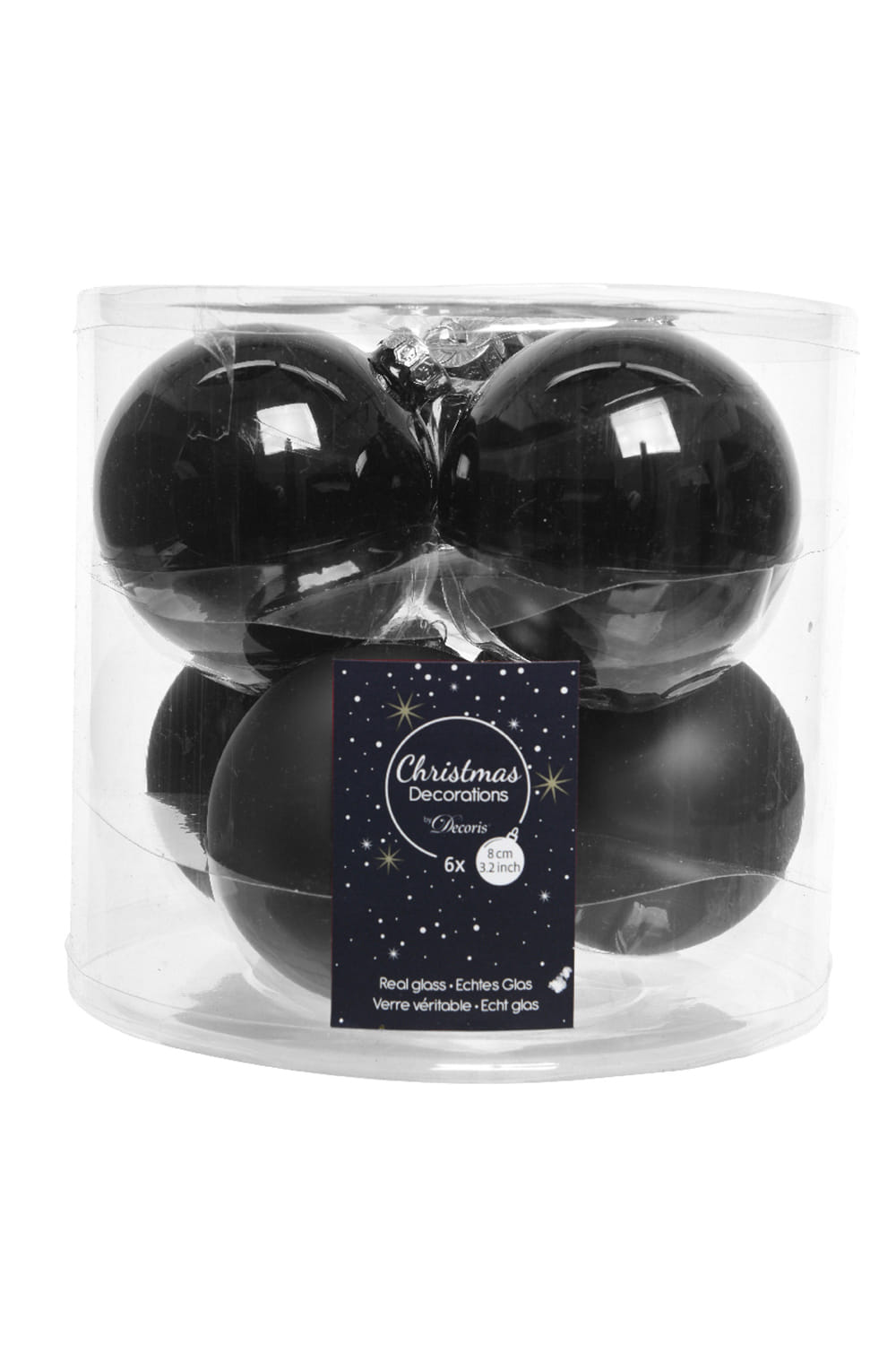 Athome Pavloudakis - Σετ Χριστουγεννιάτικες γυάλινες μαύρες μπάλες 6 τμχ (8 cm)