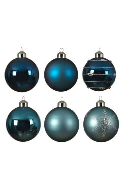 Athome Pavloudakis - Χριστουγεννιάτικη γυάλινη μπάλα μπλε 8 cm με σχέδια Σετ 6 τμχ