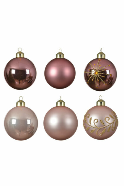 Athome Pavloudakis - Χριστουγεννιάτικη γυάλινη μπάλα ροζ 8 cm με σχέδια Σετ 6 τμχ