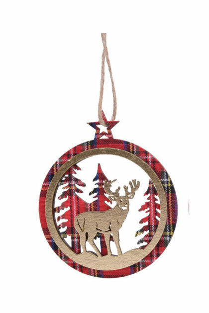 Athome Pavloudakis - Χριστουγεννιάτικο κόκκινο ξύλινο διακοσμητικό στολίδι τοπίο με τάρανδο 9x0