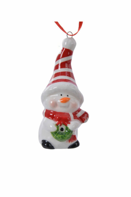 Athome Pavloudakis - Χριστουγεννιάτικο λευκό κεραμικό στολίδι χιονάνθρωπος με στεφάνι 6