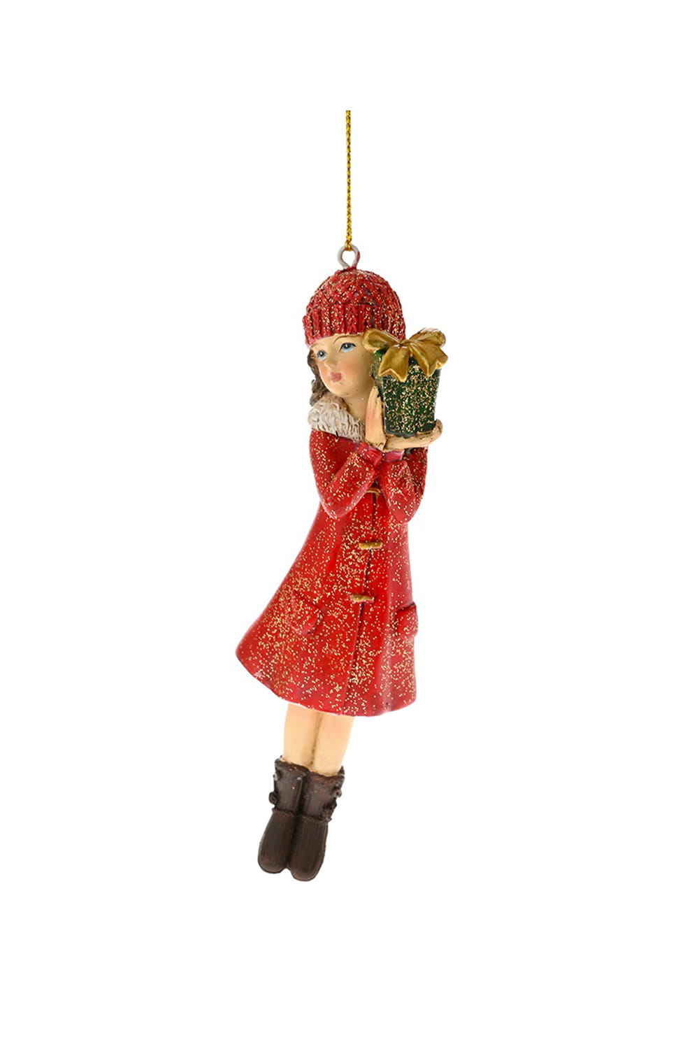 Athome Pavloudakis - Χριστουγεννιάτικο κόκκινο polyresin στολίδι κορίτσι με δώρο (13 cm)