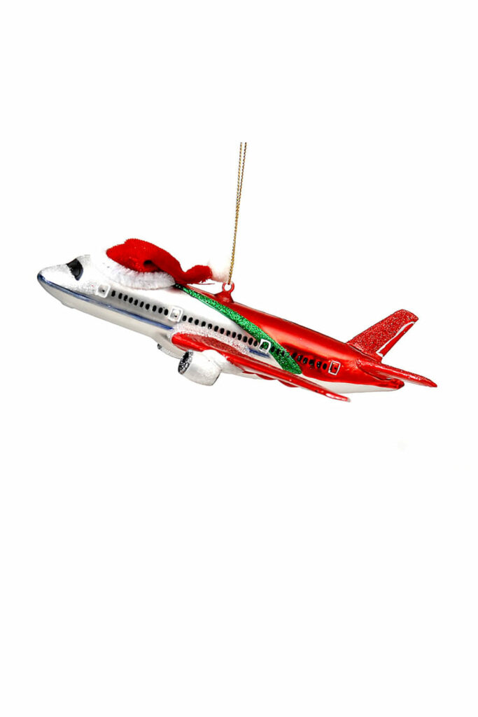 Athome Pavloudakis - Χριστουγεννιάτικο κόκκινο γυάλινο στολίδι αεροπλάνο με σκούφο 17 cm