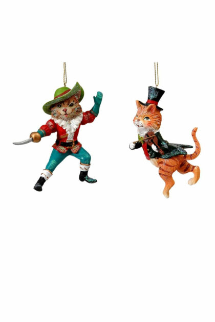 Athome Pavloudakis - Χριστουγεννιάτικο κόκκινο polyresin στολίδι παπουτσωμένος γάτος και γάτος με βιολί