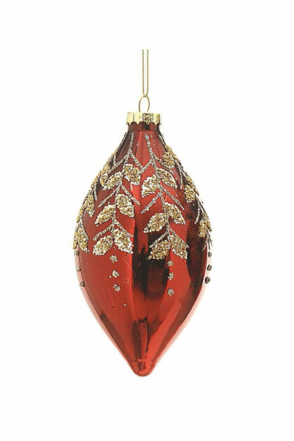Athome Pavloudakis - Χριστουγεννιάτικο κόκκινο γυάλινο στολίδι αδράχτι με φύλλα 10 cm