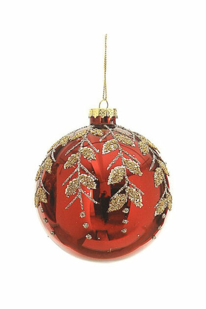 Athome Pavloudakis - Χριστουγεννιάτικη γυάλινη μπάλα κόκκινη 10 cm με φύλλα