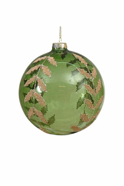 Athome Pavloudakis - Χριστουγεννιάτικη γυάλινη μπάλα πράσινη διάφανη 10 cm με φύλλα