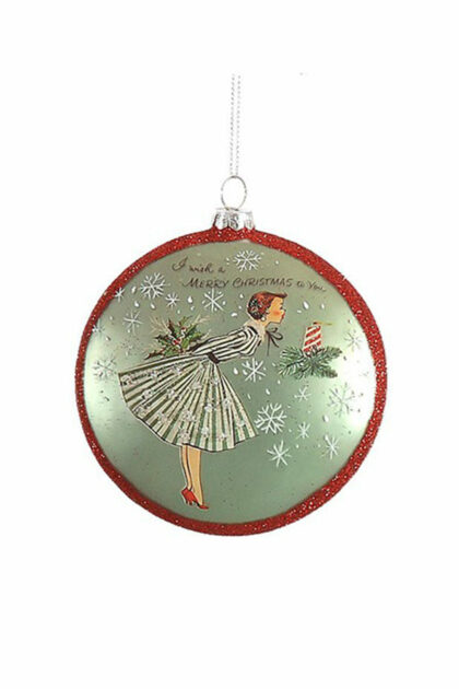 Athome Pavloudakis - Χριστουγεννιάτικο πράσινο γυάλινο στολίδι κάδρο με κορίτσι 10 cm
