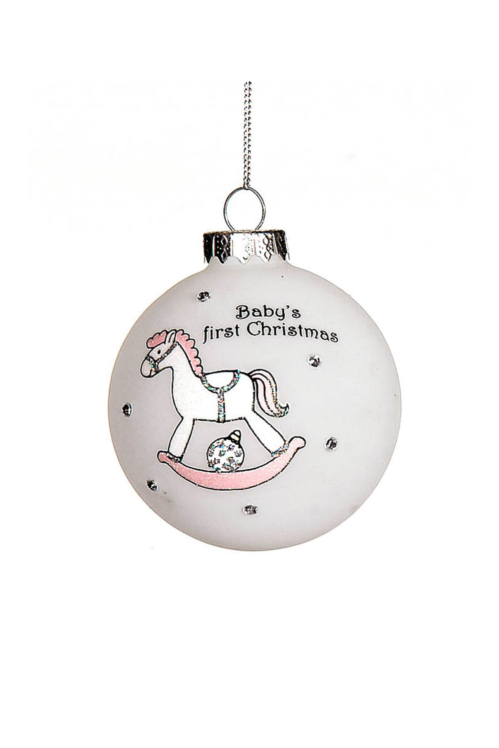 Athome Pavloudakis - Χριστουγεννιάτικη γυάλινη λευκή μπάλα με ροζ άλογο (8 cm)