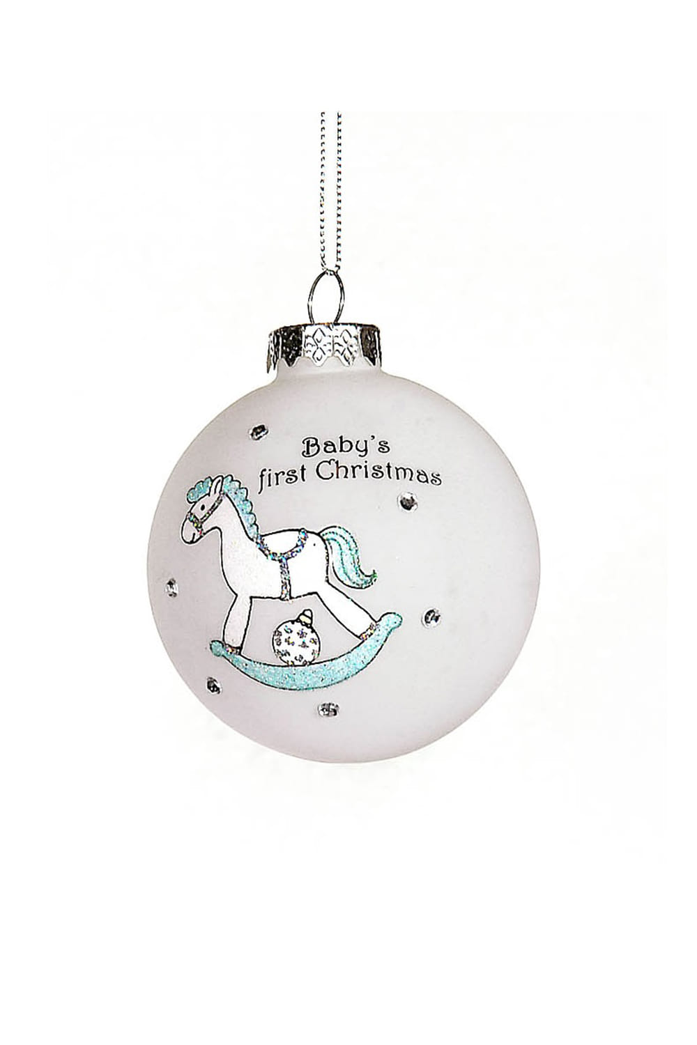 Athome Pavloudakis - Χριστουγεννιάτικη γυάλινη λευκή μπάλα με γαλάζιο άλογο (8 cm)
