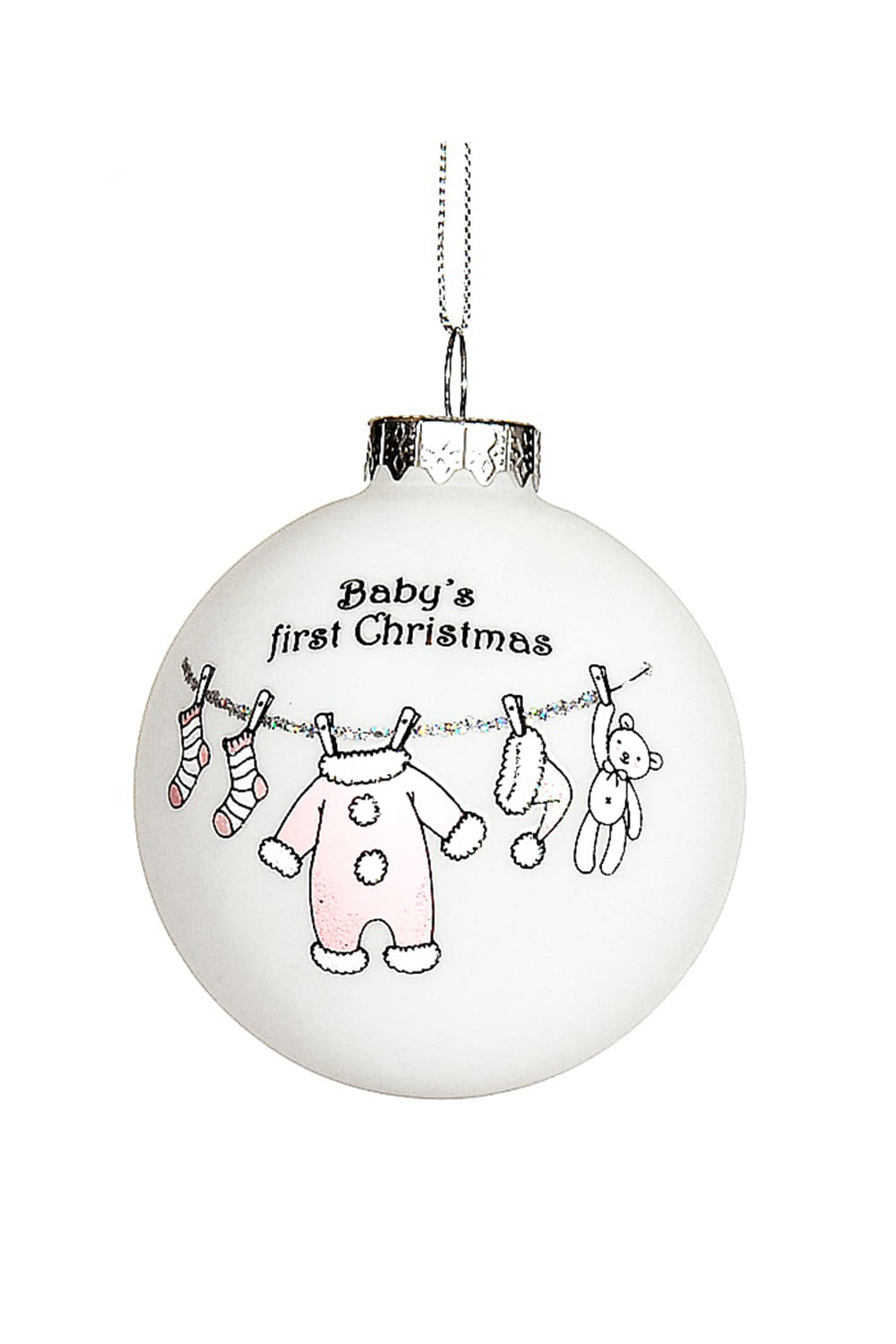 Athome Pavloudakis - Χριστουγεννιάτικη γυάλινη λευκή μπάλα "Baby's first Christmas" με ροζ σχέδια (8 cm)