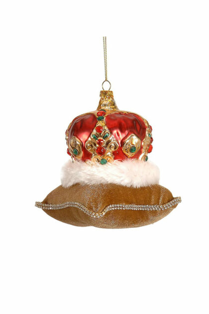 Athome Pavloudakis - Χριστουγεννιάτικο κόκκινο γυάλινο διακοσμητικό στολίδι στέμμα σε μαξιλάρι 10 cm