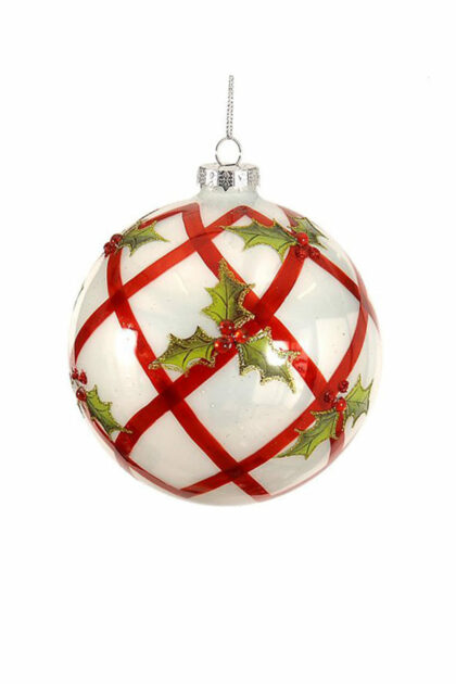 Athome Pavloudakis - Χριστουγεννιάτικη γυάλινη μπάλα λευκή γυαλιστερή-μεταλλική12 cm με γκυ