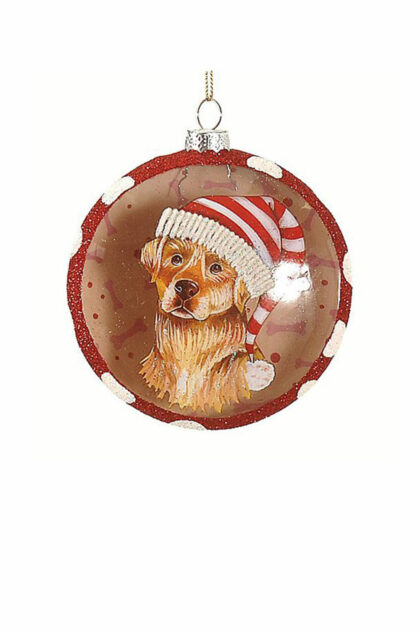 Athome Pavloudakis - Χριστουγεννιάτικο μπεζ γυάλινο στολίδι οβάλ με σχέδιο σκύλο 10 cm