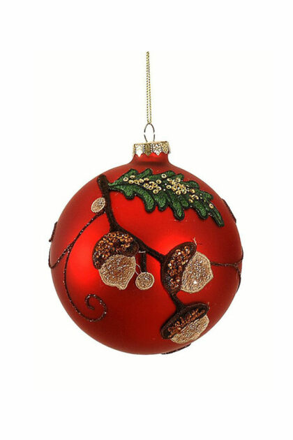 Athome Pavloudakis - Χριστουγεννιάτικη γυάλινη μπάλα κόκκινη ματ 10 cm με βελανίδι