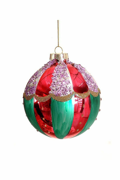 Athome Pavloudakis - Χριστουγεννιάτικη κρεμαστή γυάλινη πολύχρωμη μπάλα με λιλά πούλιες 10 cm