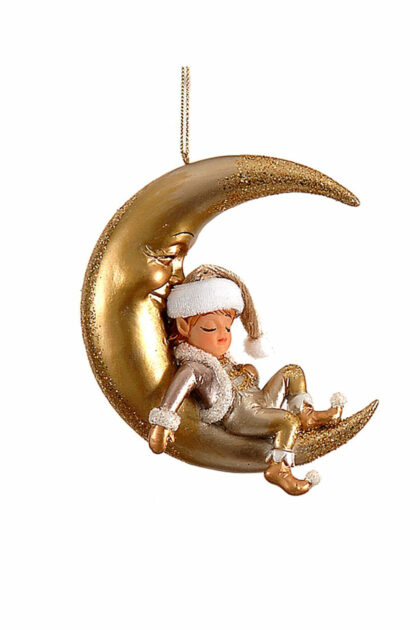 Athome Pavloudakis - Χριστουγεννιάτικο χρυσό polyresin στολίδι φεγγάρι με ξωτικό αγόρι 12 cm