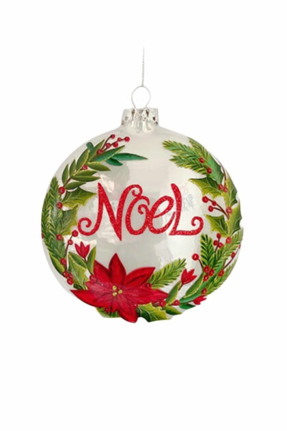 Athome Pavloudakis - Χριστουγεννιάτικη γυάλινη μπάλα λευκή "Noel" 12 cm με λουλούδι