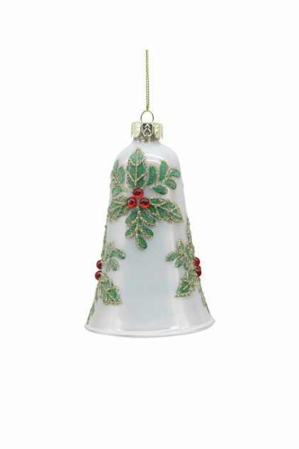 Athome Pavloudakis - Χριστουγεννιάτικο λευκό γυάλινο στολίδι καμπάνα με γκυ 11 cm