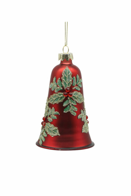 Athome Pavloudakis - Χριστουγεννιάτικο κόκκινο γυάλινο στολίδι καμπάνα με γκυ 11 cm