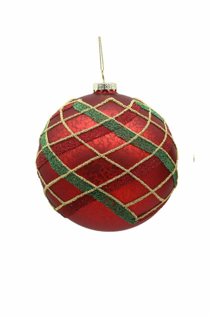 Athome Pavloudakis - Χριστουγεννιάτικη γυάλινη μπάλα κόκκινη ματ 10 cm με σχέδια γραμμές