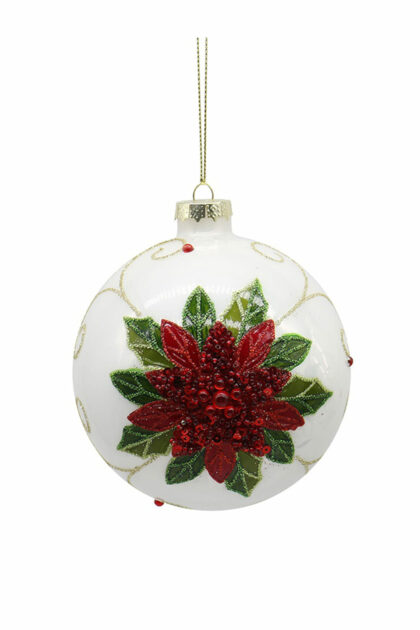 Athome Pavloudakis - Χριστουγεννιάτικη γυάλινη μπάλα λευκό μεταλλικό 10 cm με σχέδιο λουλούδι