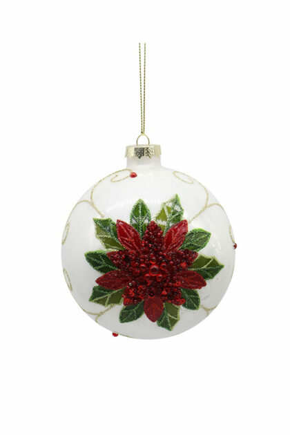 Athome Pavloudakis - Χριστουγεννιάτικη γυάλινη μπάλα λευκή μεταλλική με σχέδιο λουλούδι 12 cm