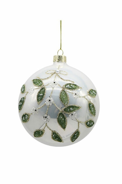 Athome Pavloudakis - Χριστουγεννιάτικη γυάλινη μπάλα λευκό γυαλιστερό-μεταλλικό 14 cm με σχέδιο φύλλα