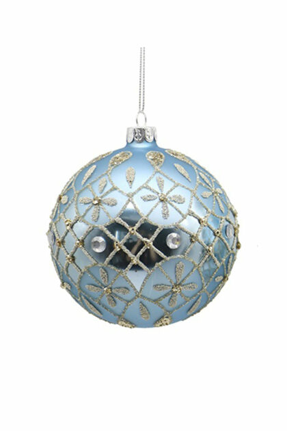 Athome Pavloudakis - Χριστουγεννιάτικη γυάλινη μπάλα απαλό μπλε ματ 14 cm με σχέδια στρας