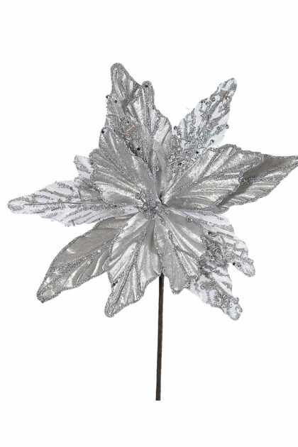 Athome Pavloudakis - Χριστουγεννιάτικο ασημί συνθετικό λουλούδι αλεξανδρινό 26 cm