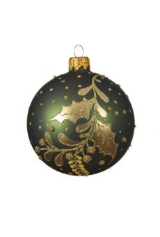 Athome Pavloudakis - Χριστουγεννιάτικη γυάλινη πράσινη ματ μπάλα με χρυσά μπέρι (8 cm)