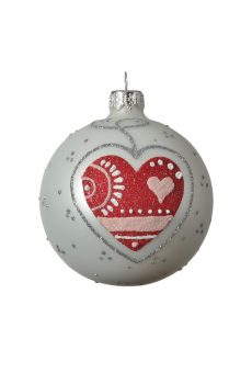 Athome Pavloudakis - Χριστουγεννιάτικη γυάλινη λευκό μπάλα με σχέδιο καρδιάς (8 cm)