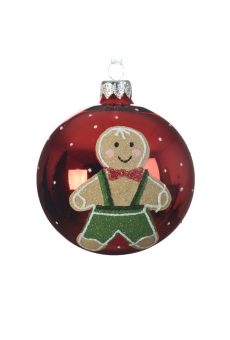 Athome Pavloudakis - Χριστουγεννιάτικη κόκκινη γυάλινη μπάλα με σχέδιο μπισκοτένιο αγόρι (8 cm)